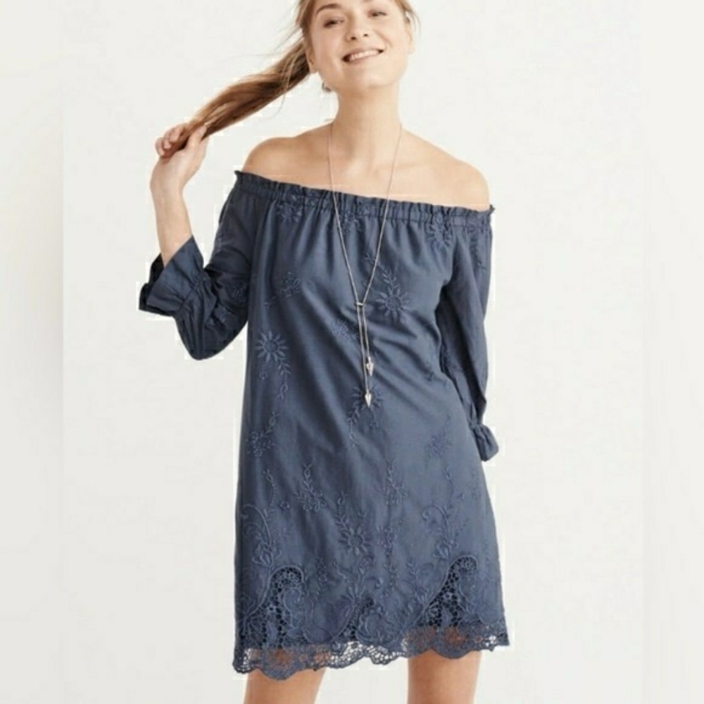 Abercrombie & Fitch Medium Embroidered Blue Lace Off-Shoulder Dress Boho Cotton
